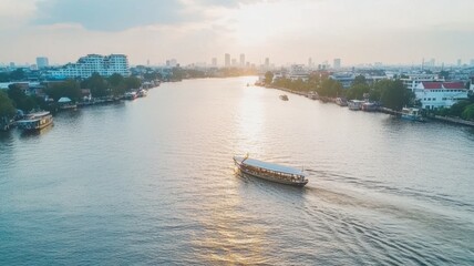 Naklejka premium Scenic River Cruise: A serene river cruise winds its way through a bustling cityscape at dusk, the tranquil waters mirroring the soft hues of the sky.