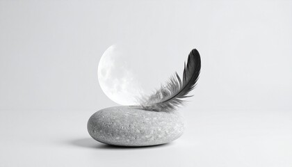 Serene Moonlit Night: Black Feather on Smooth Stone Minimalist Zen Still Life.