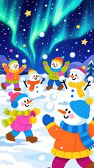 Fototapeta premium Snowmen cheerfully play snowballs under the shimmering northern lights, enjoying winter fun with colorful clothing and starry skies in a playful snowy wonderland .