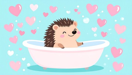 Naklejka premium Cute Hedgehog in Bathtub Surrounded by Hearts and Bubbles, Adorable Animal Illustration