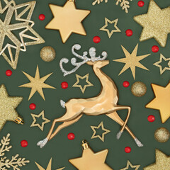 Christmas gold tree decorations, reindeer, holly berries, star, snowflake and sphere ball shape...