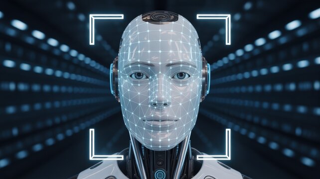 Robot face with facial recognition grid. Artificial intelligence concept.