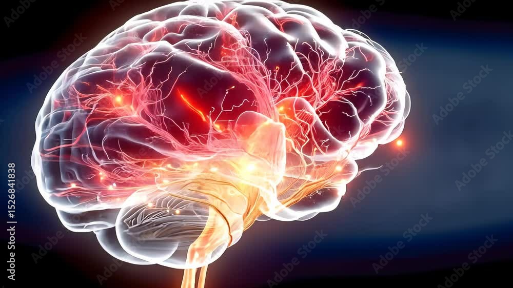 Poster a vibrant digital rendering of a glowing neural brain structure with electric pulses and transparent