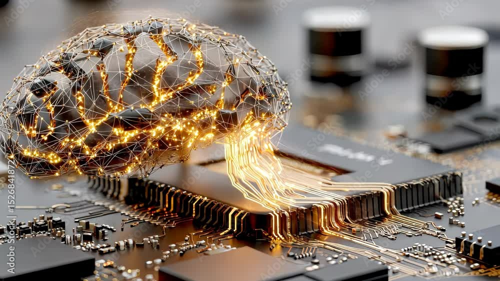 Poster a transparent digital brain emits glowing neural signals while interfaced with a high-tech circuit b