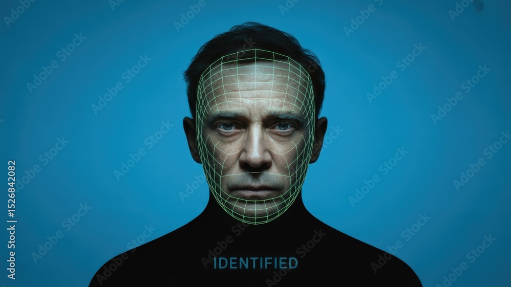 Poster man face with digital grid and identified text. facial recognition.