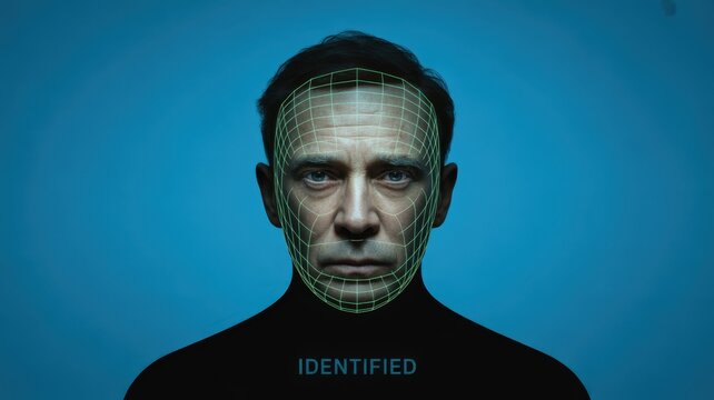 Man face with digital grid and identified text. Facial recognition. - Powered by Adobe