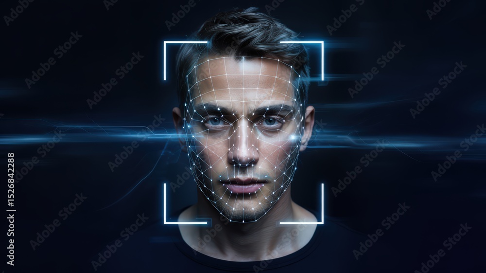 Poster man face with facial recognition grid. biometric identification concept.