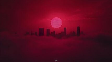 Fototapeta premium Red Cityscape Silhouette at Sunset with Pixelated Sun