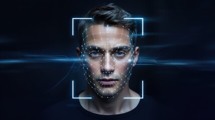 Man face with facial recognition grid. Biometric identification concept.