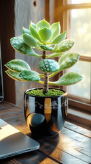 Sunlit Succulent Plant in Modern Black Pot by Wooden Window