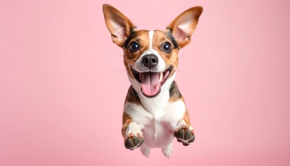 Happy Dog Leaping in Air with Joy on Pink Background Full of Energy and Playfulness