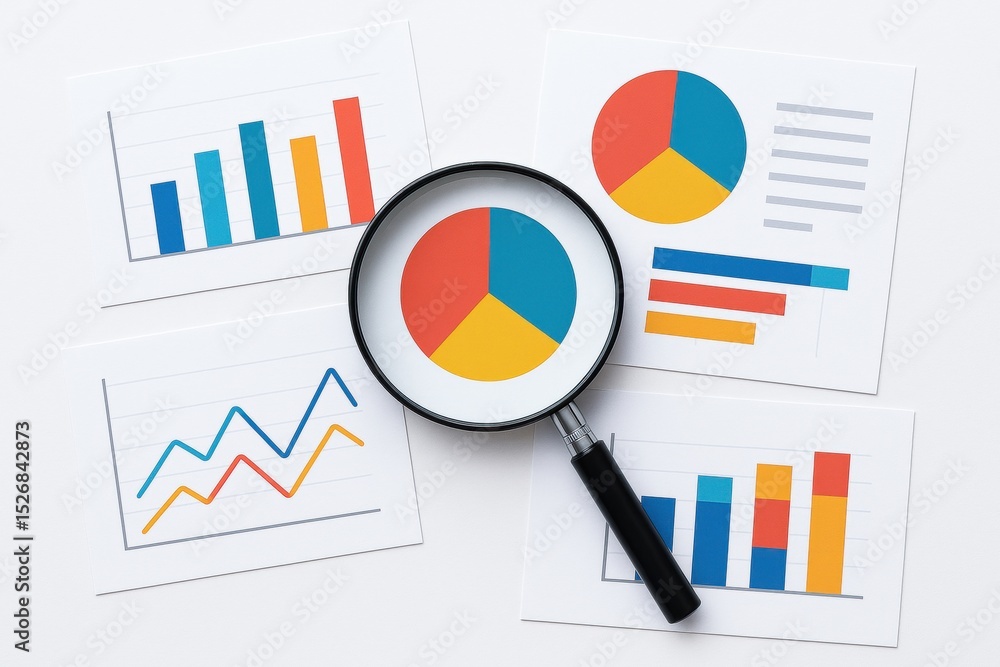 Poster business charts and graphs with a magnifying glass highlighting a pie chart on white paper sheets.