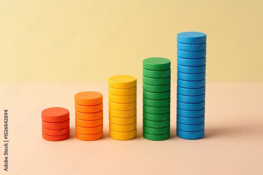 Poster colorful stacks of circular tokens arranged in ascending order, representing growth or progress on a