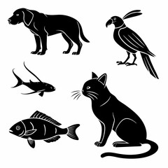 Black silhouettes of dog cat bird and fish animals