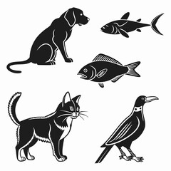 Black and white silhouettes of dog cat fish bird animals