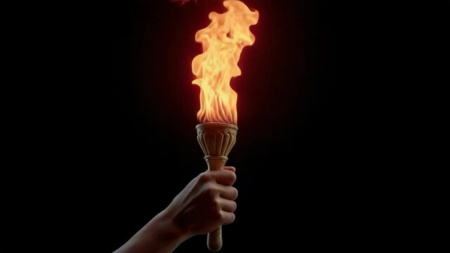 a hand holding a flaming torch against a black background, with flames leaping upwards. The torch emits an warm light