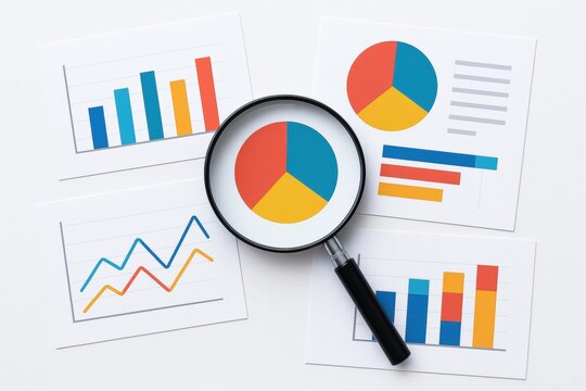 Business charts and graphs with a magnifying glass highlighting a pie chart on white paper sheets.