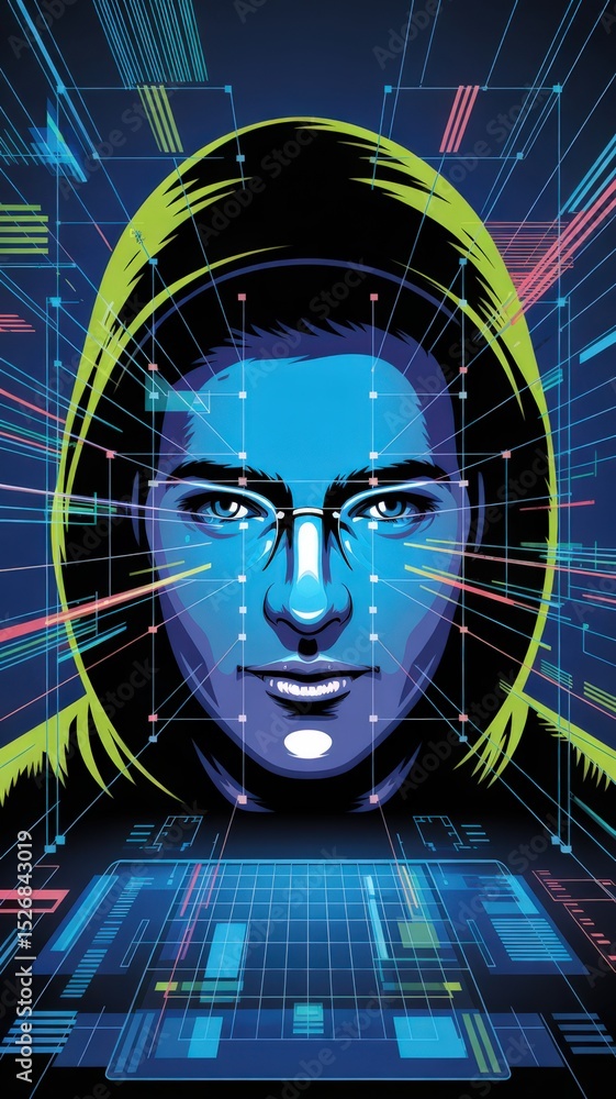 Poster hacker with glasses and hood, digital interface, data security concept.
