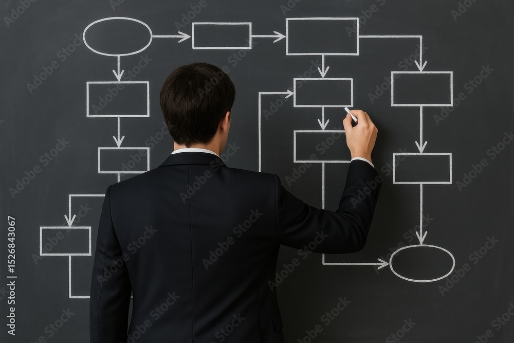 Poster a man in a suit draws a complex flowchart with arrows and boxes on a blackboard, illustrating a proc