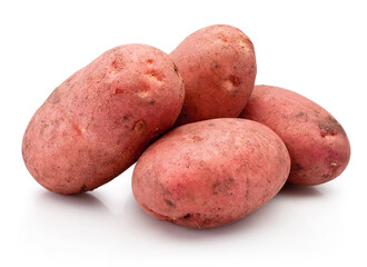 Four new red potatoes stained with soil isolated on white background
