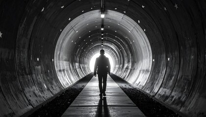 Silhouette of Person Walking Through a Dark Tunnel with Light at the End of the Passage