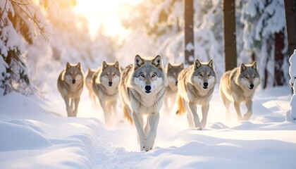 Naklejka premium Pack of Wolves Walking Through Snowy Forest at Dusk with Golden Sunlight and Trees