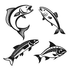 Four different types of fish black and white illustration