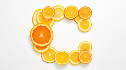 Bright citrus slices arranged in a "C" shape on a white background, showcasing vibrant oranges and lemons.