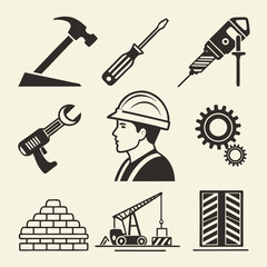 Fototapeta premium Construction worker tools icons hammer screwdriver drill wrench crane bricks gear