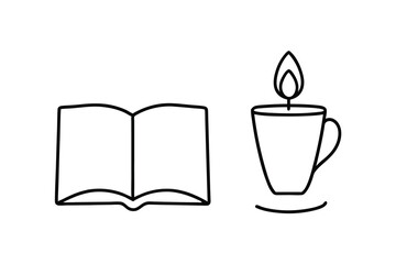 Simple line drawing book and candle in mug