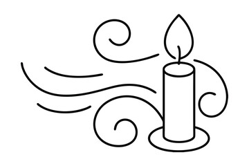 Wind blowing around a lit candle line drawing illustration