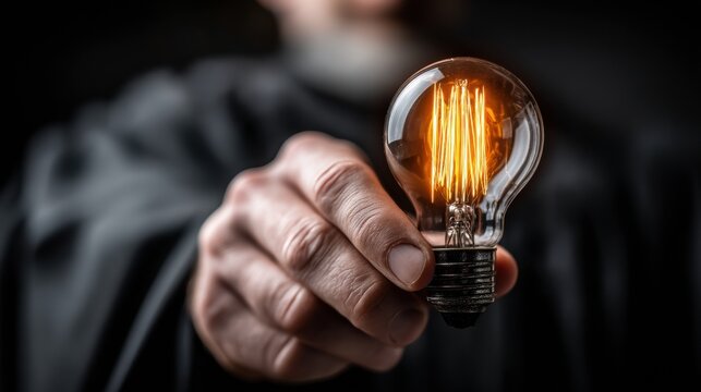 A close-up of a person"s hand holding a glowing vintage-style incandescent light bulb against a dark background.