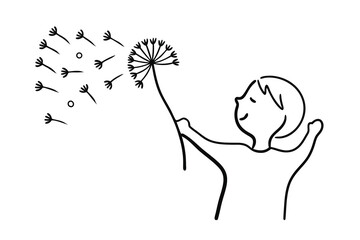 Child blowing dandelion seeds line drawing illustration