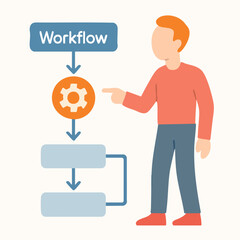 Flat Simple Illustration Workflow Diagram with Man Pointing to Gear Shape