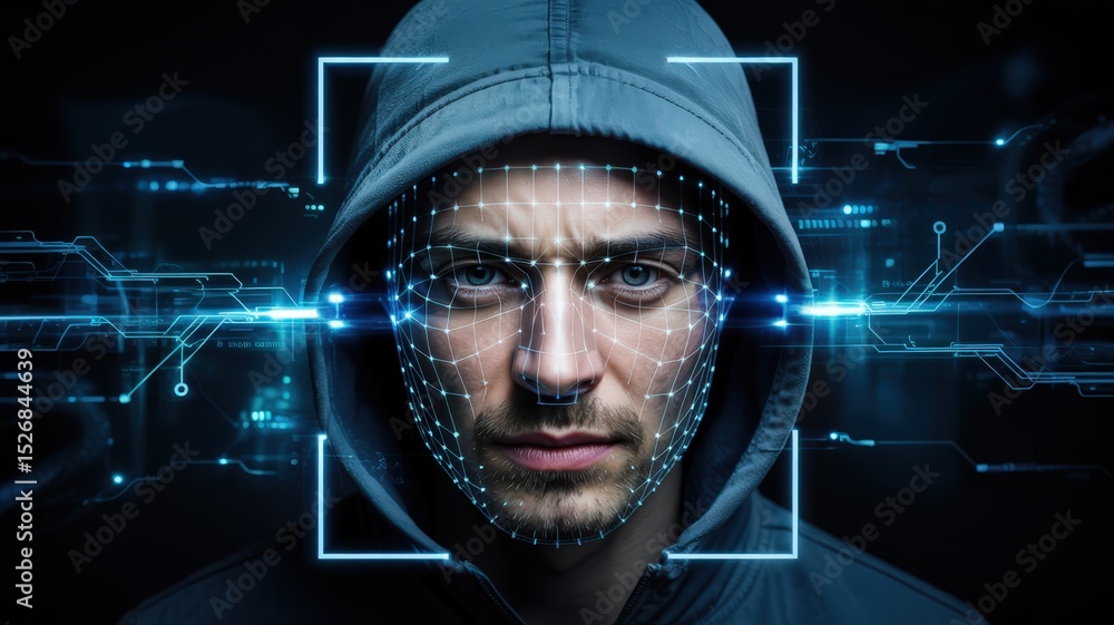 Poster man with face recognition technology and digital grid on his face.