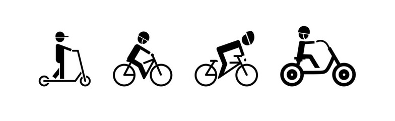 Two wheeled vehicles and riders icon set stock illustration