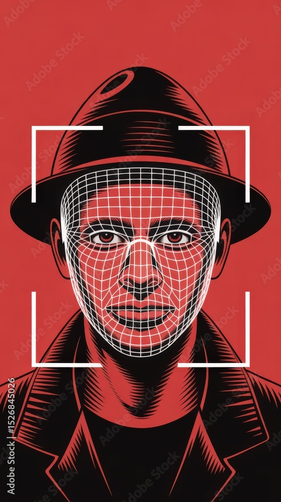 Poster face recognition concept with a hat and a grid on the face.