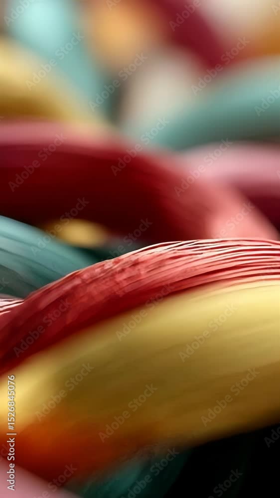 Poster macro image of tightly woven, multicolored metallic wires with shimmering highlights and depth of fi