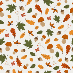 Autumn seamless background. Cute image of leaves, mushrooms, and acorns. Print for fabric, paper, photo zone, etc. Vector illustration, elements are drawn by hand.