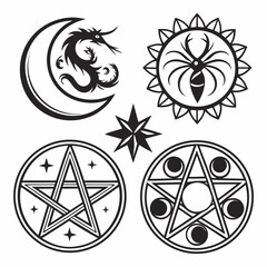 Mystical symbols dragon moon spider pentagram star wicca pagan witchcraft occult