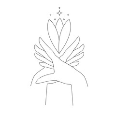 Magic hands line with lotus mystical symbols. Spiritual boho logo, design elements with flower in graceful hand movement. Silhouette of beautiful female hands isolated on white. Vector illustration