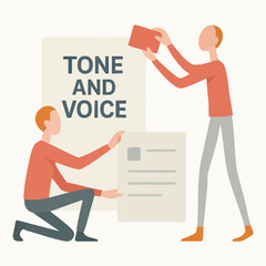 Flat Illustration Two People Discussing Brand Tone and Voice on Paper Concept