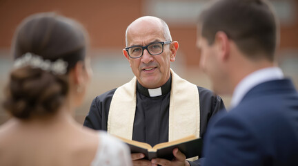 Catholic priest officiating an outdoor wedding.