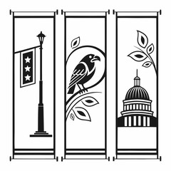 Three black and white panels cityscape design elements