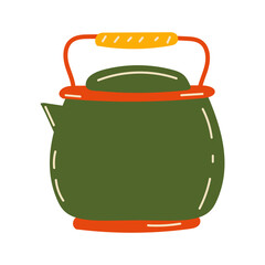 green metal teapot with spout and handle. Doodle for stickers. Vector illustration, hand drawn.