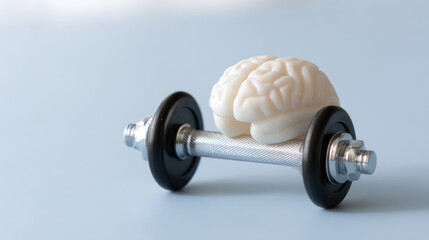Brain model rests on dumbbell, symbolizing mental health and fitness. image conveys concept of strengthening mind through exercise and wellness