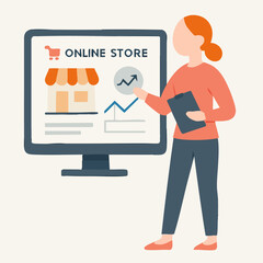 Flat Design Female Character Presenting Online Store Statistics on Computer Screen