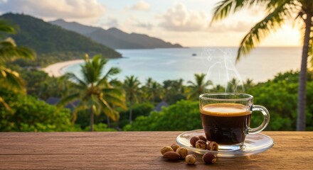 Serene morning coffee overlooking a tropical beach with palm trees and mountains at sunrise