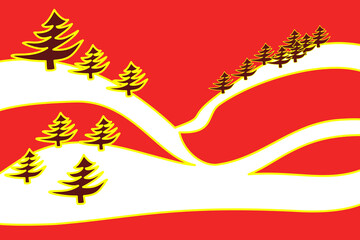 Obraz premium Abstract illustration of coniferous trees on snowy hills. Abstract modern design of winter nature. Red background, black coniferous trees with yellow stroke. Abstract, modern, winter landscape.