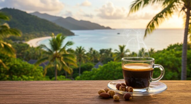 Serene morning coffee overlooking a tropical beach with palm trees and mountains at sunrise